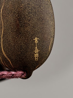 Lot 182 - JOKASAI: AN INLAID LACQUER FIVE-CASE INRO DEPICTING A DUCK IN A LOTUS POND