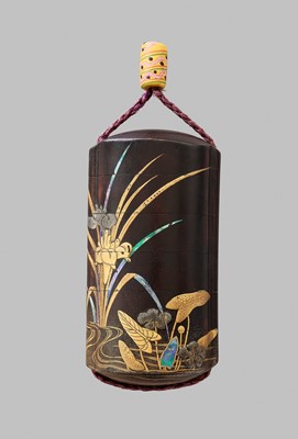 Lot 182 - JOKASAI: AN INLAID LACQUER FIVE-CASE INRO DEPICTING A DUCK IN A LOTUS POND