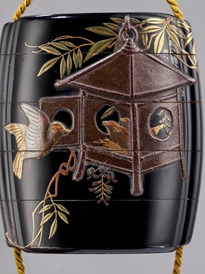 Lot 329 - ZESHIN: A FINE LACQUER FOUR-CASE INRO WITH SPARROWS