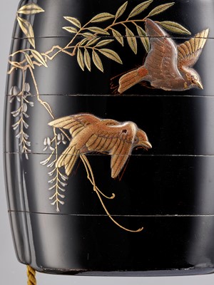 Lot 329 - ZESHIN: A FINE LACQUER FOUR-CASE INRO WITH SPARROWS