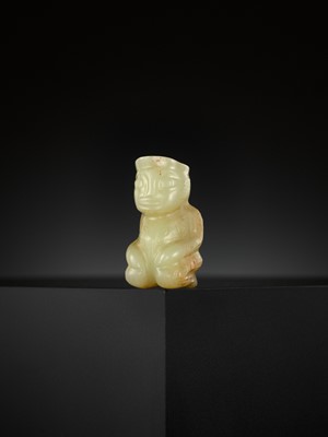 Lot 48 - AN EXTREMELY RARE YELLOW JADE ‘KNEELING FIGURE’, SHANG DYNASTY