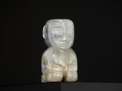 Lot 321 - A MOTTLED GRAY JADE ‘KNEELING FIGURE’ PENDANT, TANG TO MING DYNASTY