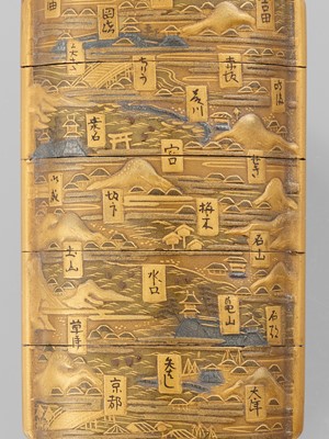 Lot 185 - TOKKOSAI: A GOLD LACQUER FOUR-CASE INRO WITH SCENIC LOCATIONS