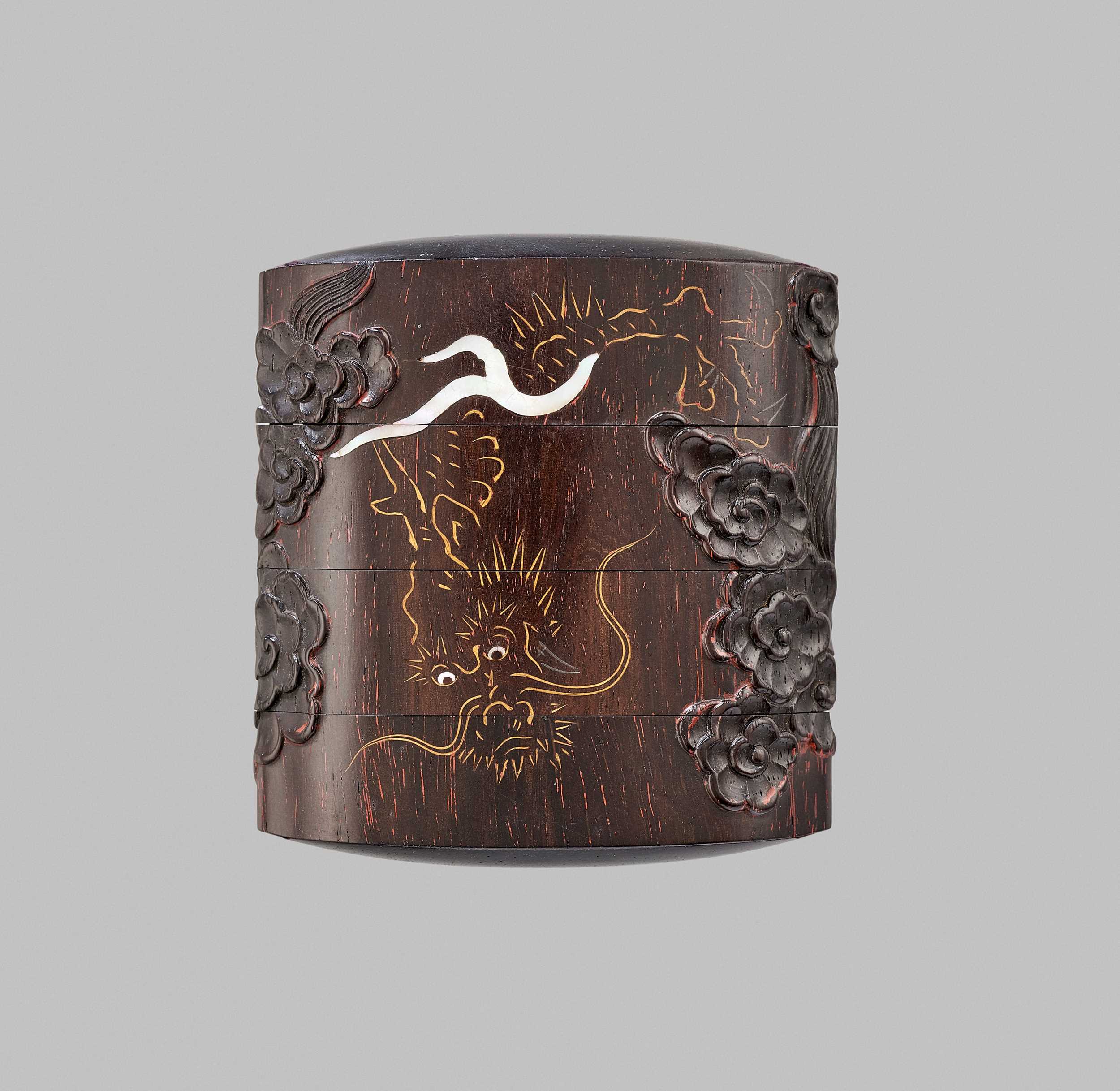Lot 331 - AN UNUSUAL INLAID LACQUER THREE-CASE INRO DEPICTING A DRAGON AMID CLOUDS