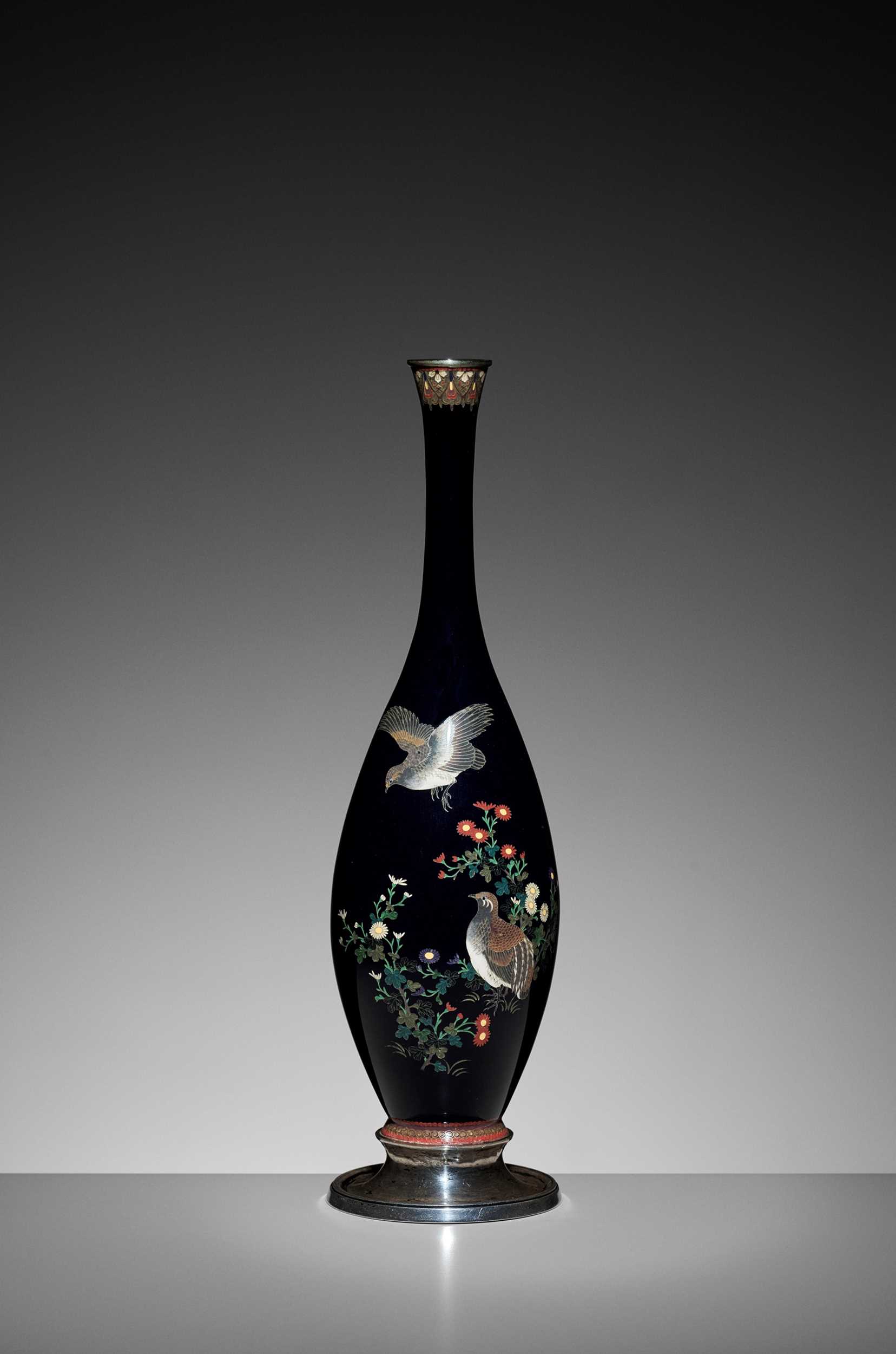 A CLOISONNÉ ENAMEL VASE WITH QUAILS AND CHRYSANTHEMUM, ATTRIBUTED TO THE...