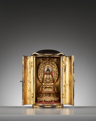 Lot 122 - A LACQUER ZUSHI (PORTABLE BUDDHIST SHRINE) WITH KANNON BEHIND A SILVER MIRROR