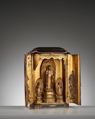 Lot 121 - A RARE LACQUER ZUSHI (PORTABLE BUDDHIST SHRINE) WITH A TRIAD OF AMIDA AND ACOLYTES