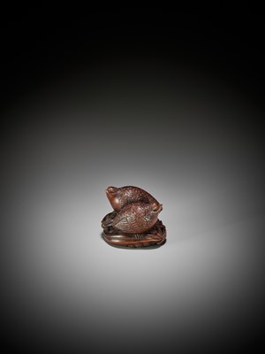 Lot 589 - OKATOMO: A RARE STAINED WOOD NETSUKE OF TWO QUAILS ON MILLET