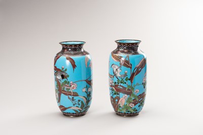 Lot 373 - A PAIR OF TWO CLOISONNÉ VASES WITH BIRDS AND FLOWERS