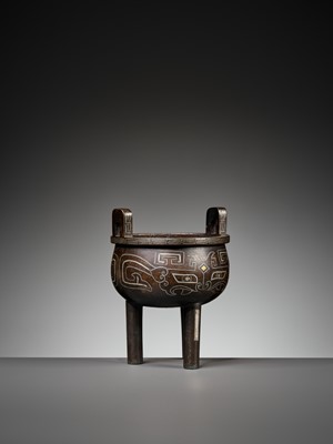 Lot 369 - A GILT AND SILVER-INLAID BRONZE ‘ARCHAISTIC’ CENSER, DING, LATE MING TO EARLIER QING