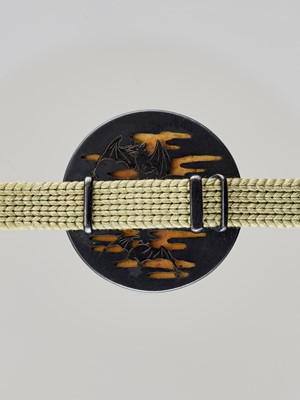 MITSUNAGA: A RARE GOLD-INLAID OBIDOME (SASH CLIP) WITH WILLOW AND BATS