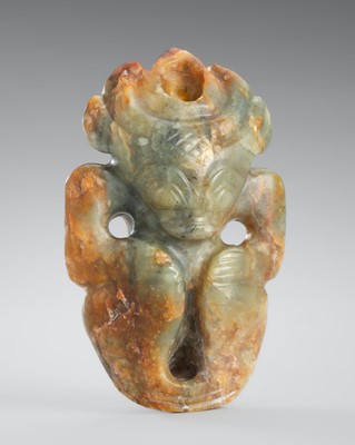 Lot 917 - A RARE YELLOW AND RUSSET JADE ‘SUN GOD’ PENDANT, HONGSHAN CULTURE