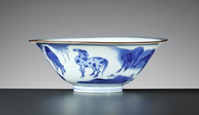 Lot 489 - A BLUE AND WHITE ‘EIGHT HORSES OF MU WANG’ BOWL, KANGXI PERIOD