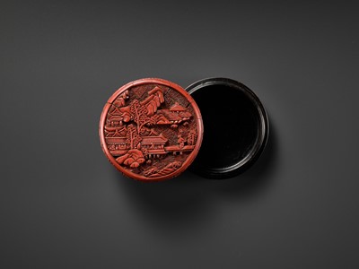 Lot 412 - A RED LACQUER ‘LANDSCAPE’ BOX AND COVER, YUAN TO MING DYNASTY