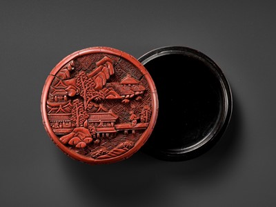 Lot 412 - A RED LACQUER ‘LANDSCAPE’ BOX AND COVER, YUAN TO MING DYNASTY