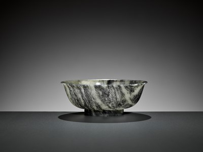 Lot 443 - A RARE BLACK AND WHITE NEPHRITE JADE STRIATED BOWL, QIANLONG MARK AND PERIOD