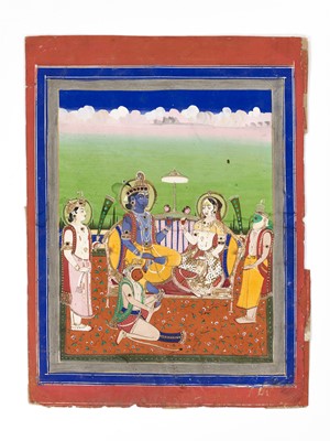 Lot 944 - AN INDIAN MINIATURE PAINTING OF RAMA AND SITA ENTHRONED