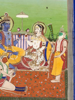 Lot 944 - AN INDIAN MINIATURE PAINTING OF RAMA AND SITA ENTHRONED