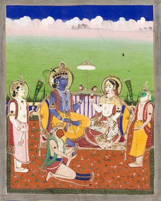 Lot 944 - AN INDIAN MINIATURE PAINTING OF RAMA AND SITA ENTHRONED