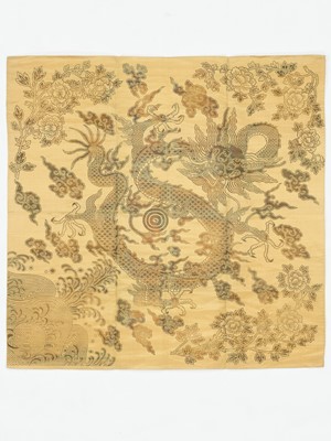 Lot 522 - AN IMPERIAL YELLOW SILK AND GOLD BROCADE ‘DRAGON’ PANEL, QING DYNASTY