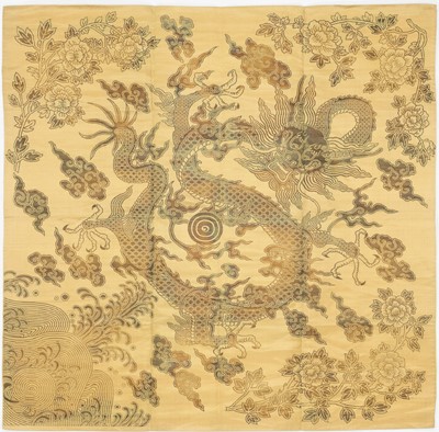Lot 522 - AN IMPERIAL YELLOW SILK AND GOLD BROCADE ‘DRAGON’ PANEL, QING DYNASTY