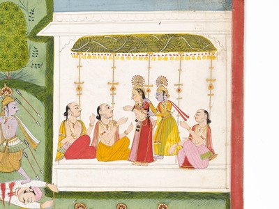 Lot 607 - AN INDIAN MINIATURE PAINTING OF AN EPIC BATTLE SCENE, PROBABLY FROM THE RAMAYANA, EARLY 19TH CENTURY