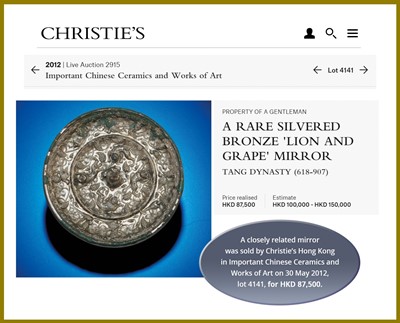 Lot 14 - A RARE SILVERED BRONZE ‘LIONS AND GRAPEVINES’ MIRROR, TANG