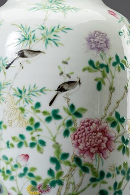 Lot 736 - A FAMILLE ROSE ‘BIRDS AND FLOWERS’ OVOID VASE, HONGXIAN MARK, REPUBLIC