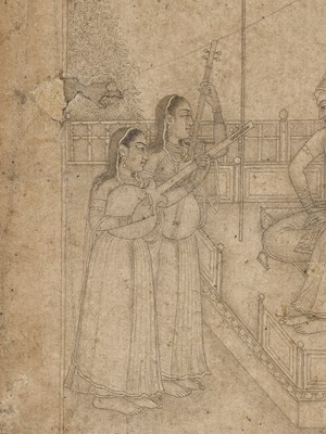 AN INDIAN MINIATURE DRAWING OF A PRINCE AND PRINCESS ENJOYING A MUSIC RECITAL