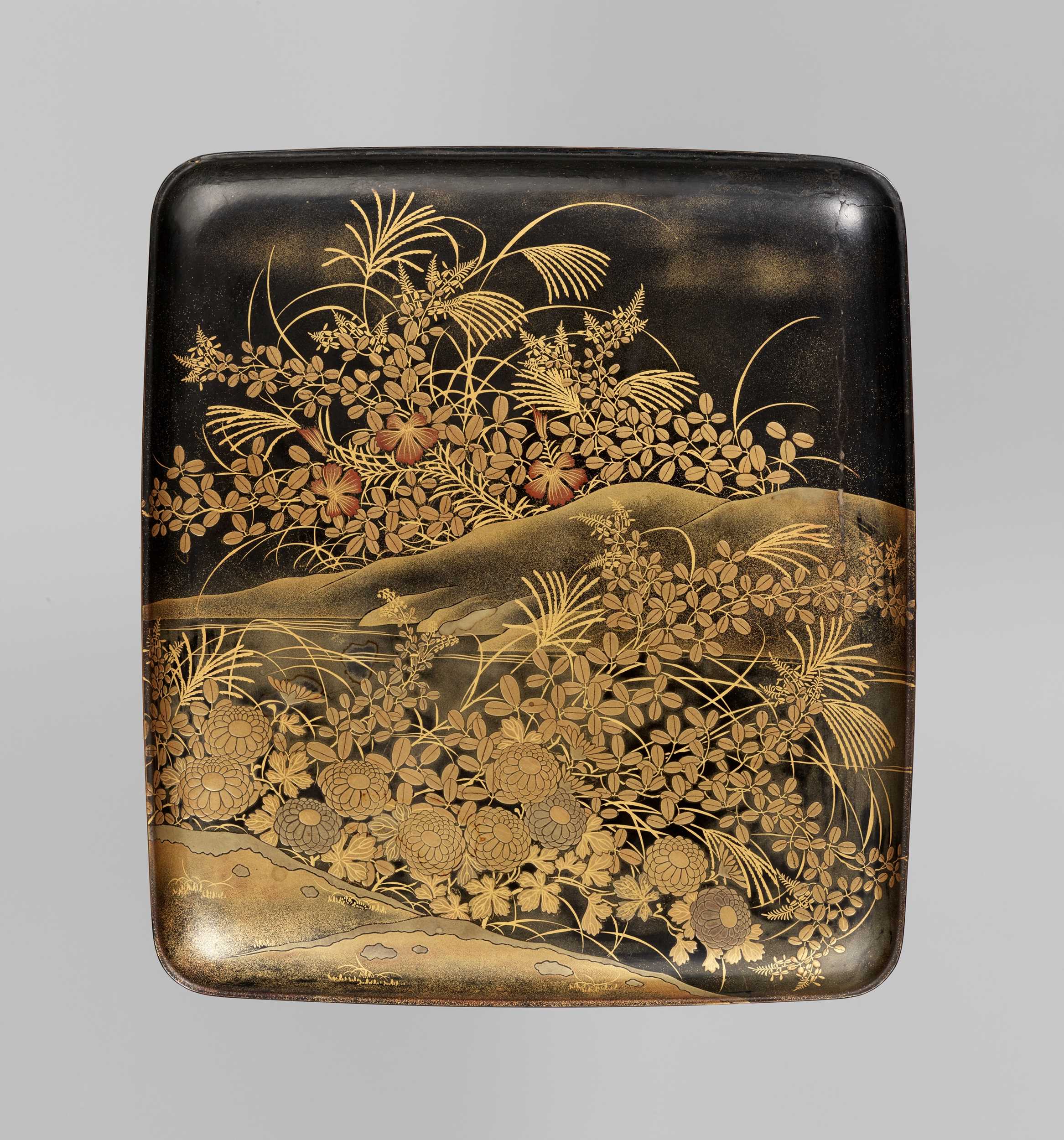 Lot 265 - A BLACK AND GOLD LACQUER SUZURIBAKO WITH CHRYSANTHEMUM AND DUCKS