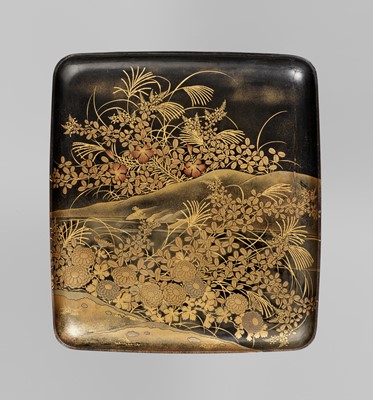 Lot 134 - A BLACK AND GOLD LACQUER SUZURIBAKO WITH CHRYSANTHEMUM AND DUCKS