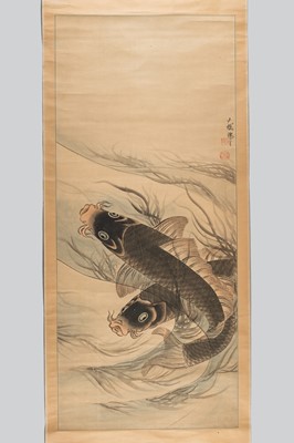 Lot 1171 - A HANGING SCROLL PAINTING OF TWO CARPS