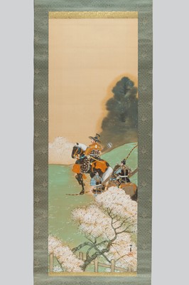 Lot 1170 - A HANGING SCROLL PAINTING OF SAMURAI AND CHERRY BLOSSOMS