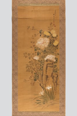 Lot 1036 - A SCROLL PAINTING OF A BLUEBIRD AND FLOWERS