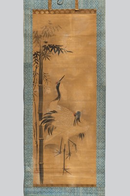 Lot 1176 - A SCROLL PAINTING OF TWO RED-CROWNED CRANES AND BAMBOO