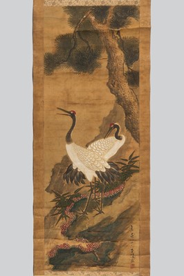 Lot 1177 - A SCROLL PAINTING OF TWO RED-CROWNED CRANES AND PINE TREE