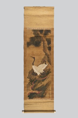 Lot 1177 - A SCROLL PAINTING OF TWO RED-CROWNED CRANES AND PINE TREE