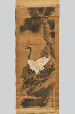 Lot 1177 - A SCROLL PAINTING OF TWO RED-CROWNED CRANES AND PINE TREE