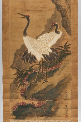 Lot 1177 - A SCROLL PAINTING OF TWO RED-CROWNED CRANES AND PINE TREE