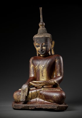 Lot 300 - A VERY LARGE GILT AND DRY-LACQUERED SCULPTURE OF BUDDHA SHAKYAMUNI, SHAN STATES, KONBAUNG PERIOD