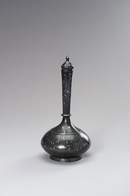 Lot 1277 - AN INDO-PERSIAN MUGHAL STYLE BRONZE AND SILVER FLASK WITH STOPPER