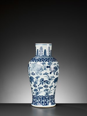 Lot 213 - A BLUE AND WHITE ‘TWELVE MYTHICAL BEASTS’ VASE, QING DYNASTY