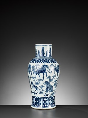 Lot 213 - A BLUE AND WHITE ‘TWELVE MYTHICAL BEASTS’ VASE, QING DYNASTY