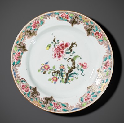Lot 452 - A FAMILLE ROSE ‘PEONY AND CHRYSANTHEMUM’ DISH, 18TH CENTURY