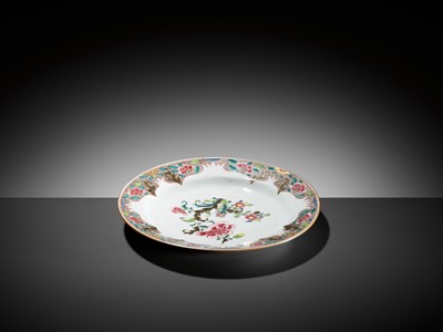 Lot 83 - A FAMILLE ROSE ‘PEONY AND CHRYSANTHEMUM’ DISH, 18TH CENTURY
