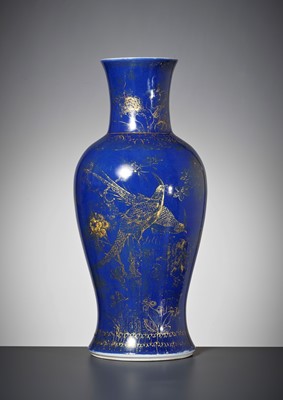 Lot 736 - A GILT-DECORATED POWDER-BLUE GROUND ‘BIRDS AND FLOWERS’ BALUSTER VASE, KANGXI PERIOD