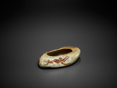 Lot 462 - A CELADON AND RUSSET JADE ‘DRAGONFLY AND LOTUS’ BRUSHWASHER, LATE QING TO EARLIER REPUBLIC