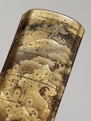 Lot 157 - A FOUR-CASE GOLD LACQUER INRO WITH SCENIC LANDSCAPE