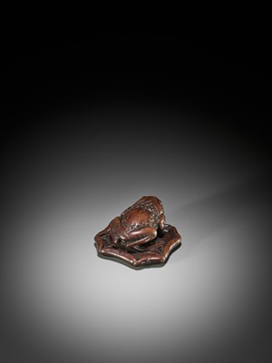 Lot 29 - A LARGE AND UNUSUAL WOOD NETSUKE OF A TOAD ON A LOTUS LEAF